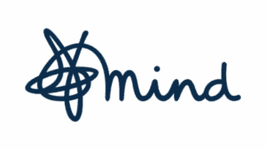 Mind charity logo featuring abstract design in blue.