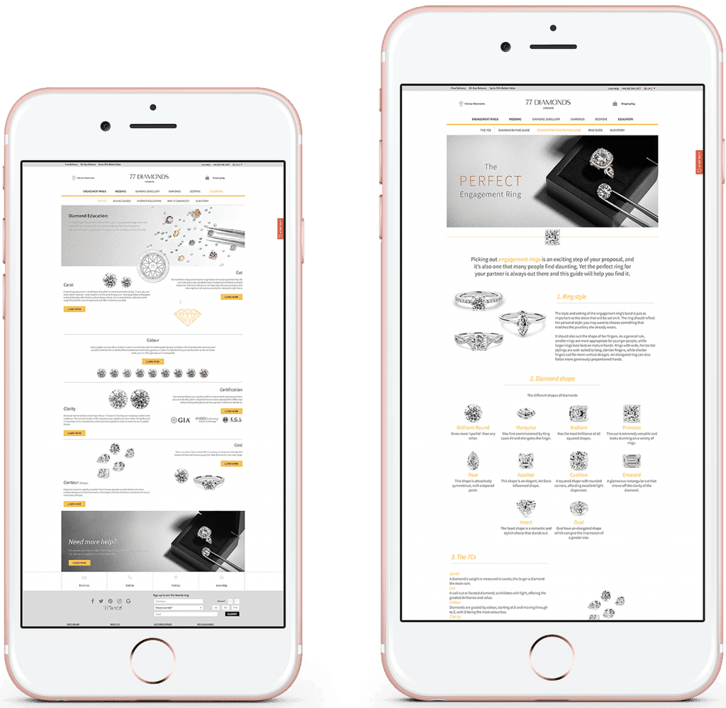 Mobile view of jewelry e-commerce site layout on two smartphones showcasing engagement ring designs and options.