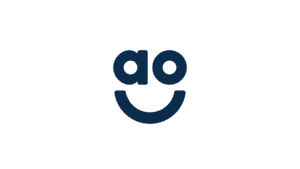 AO logo featuring a smiley face design in navy blue