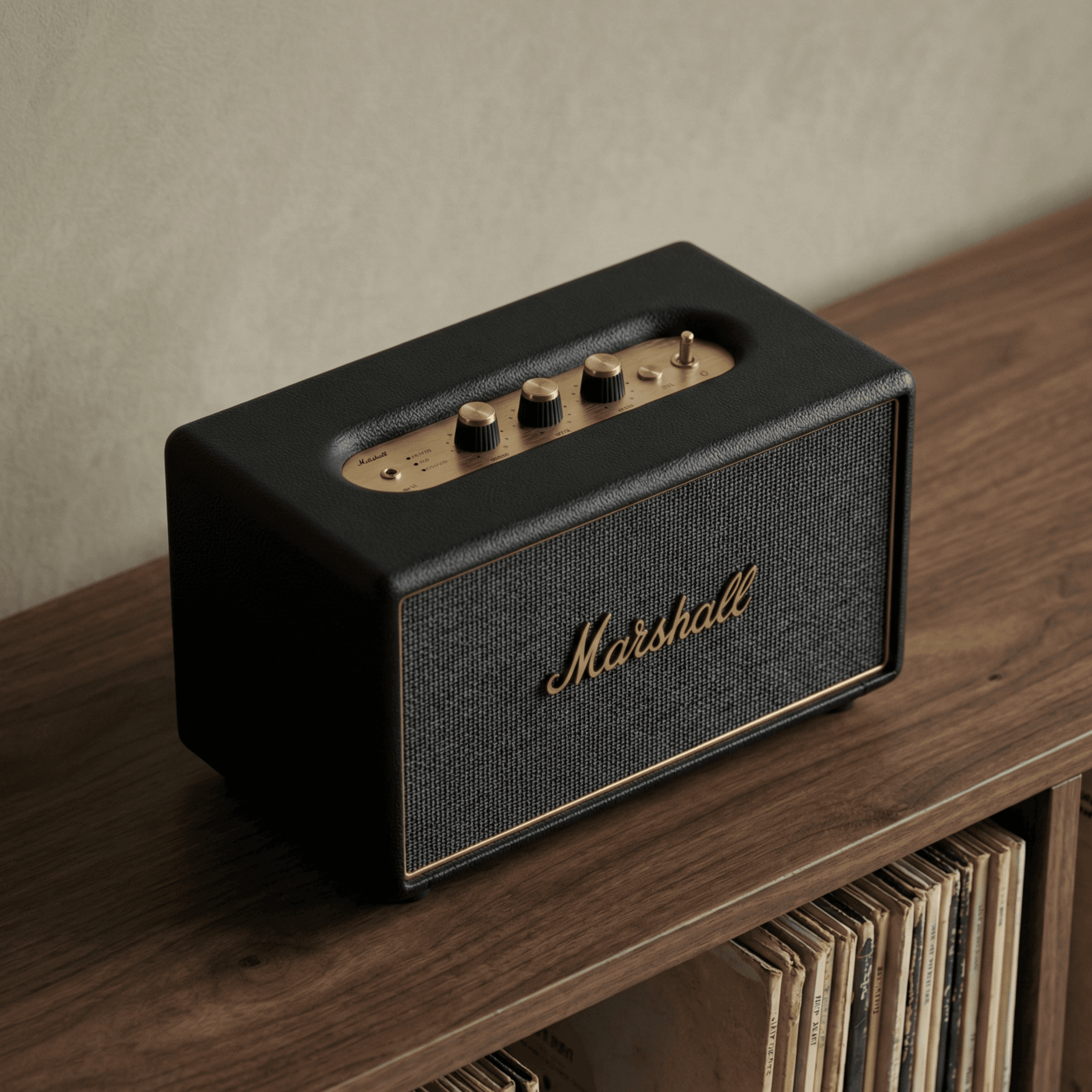 Marshall Bluetooth speaker with gold controls on a wooden shelf near vinyl records