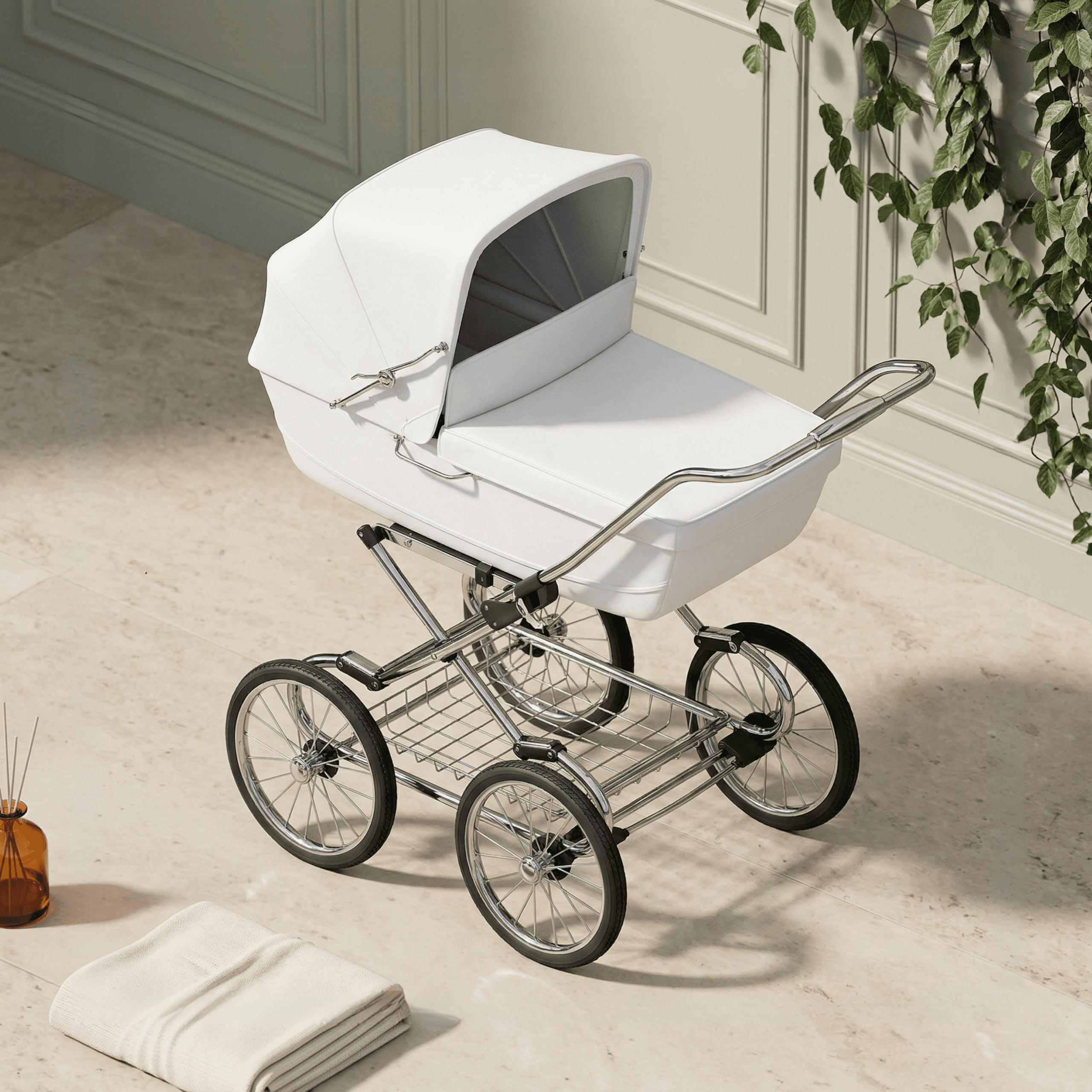 Modern white baby carriage with canopy on metal frame in contemporary interior