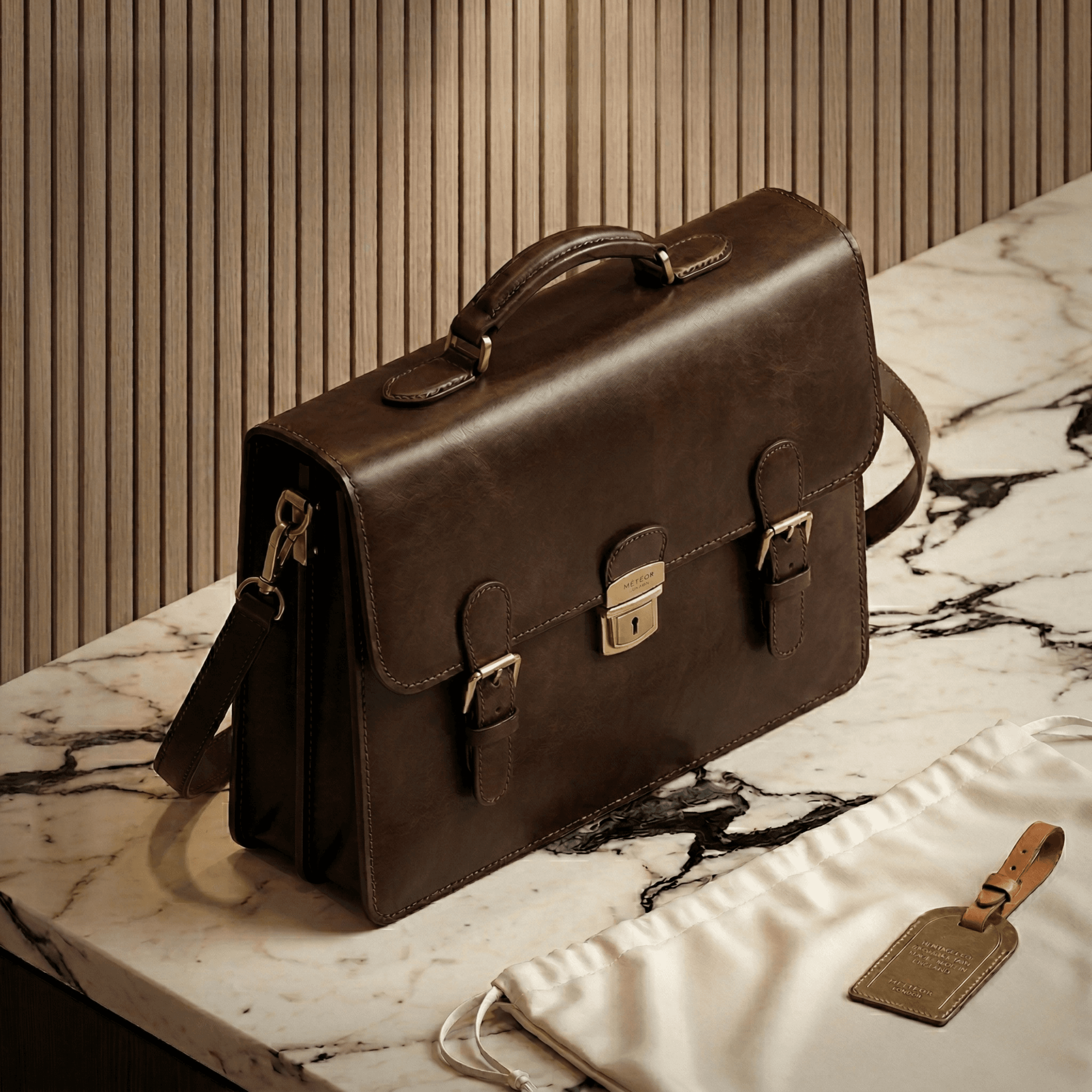 Dark brown leather briefcase with brass clasps and shoulder strap on marble surface