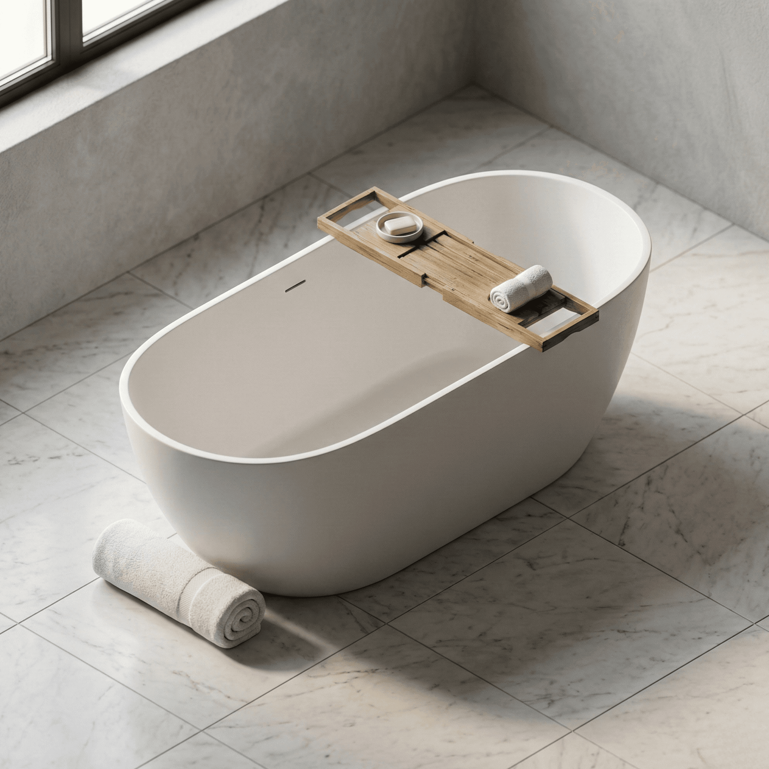 Freestanding bathtub with wooden tray on marble floor, featuring rolled towel and soap, in minimalist bathroom.