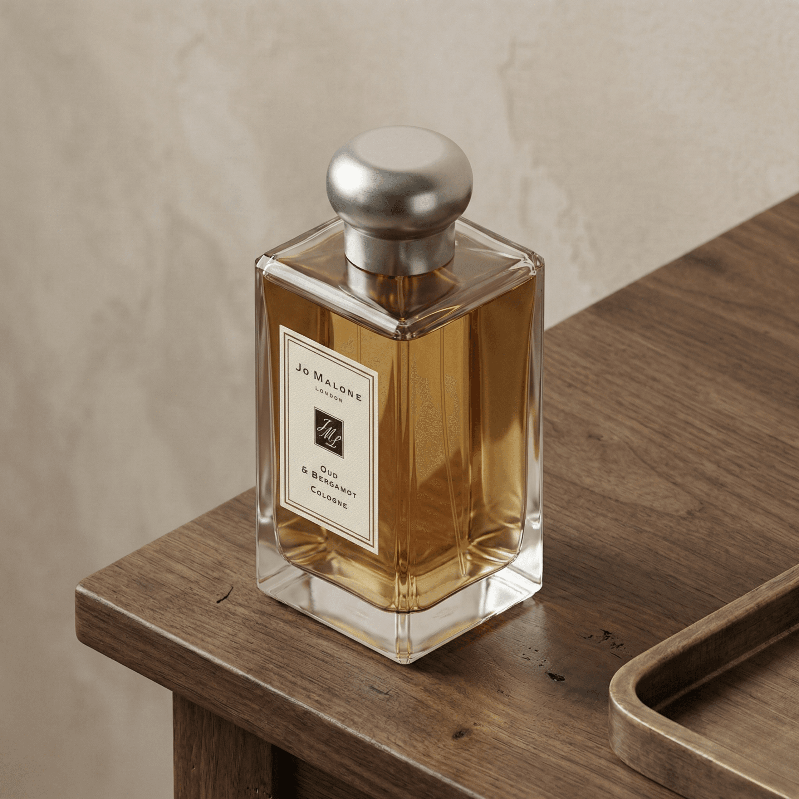 Jo Malone Oud & Bergamot Cologne bottle on a wooden table.