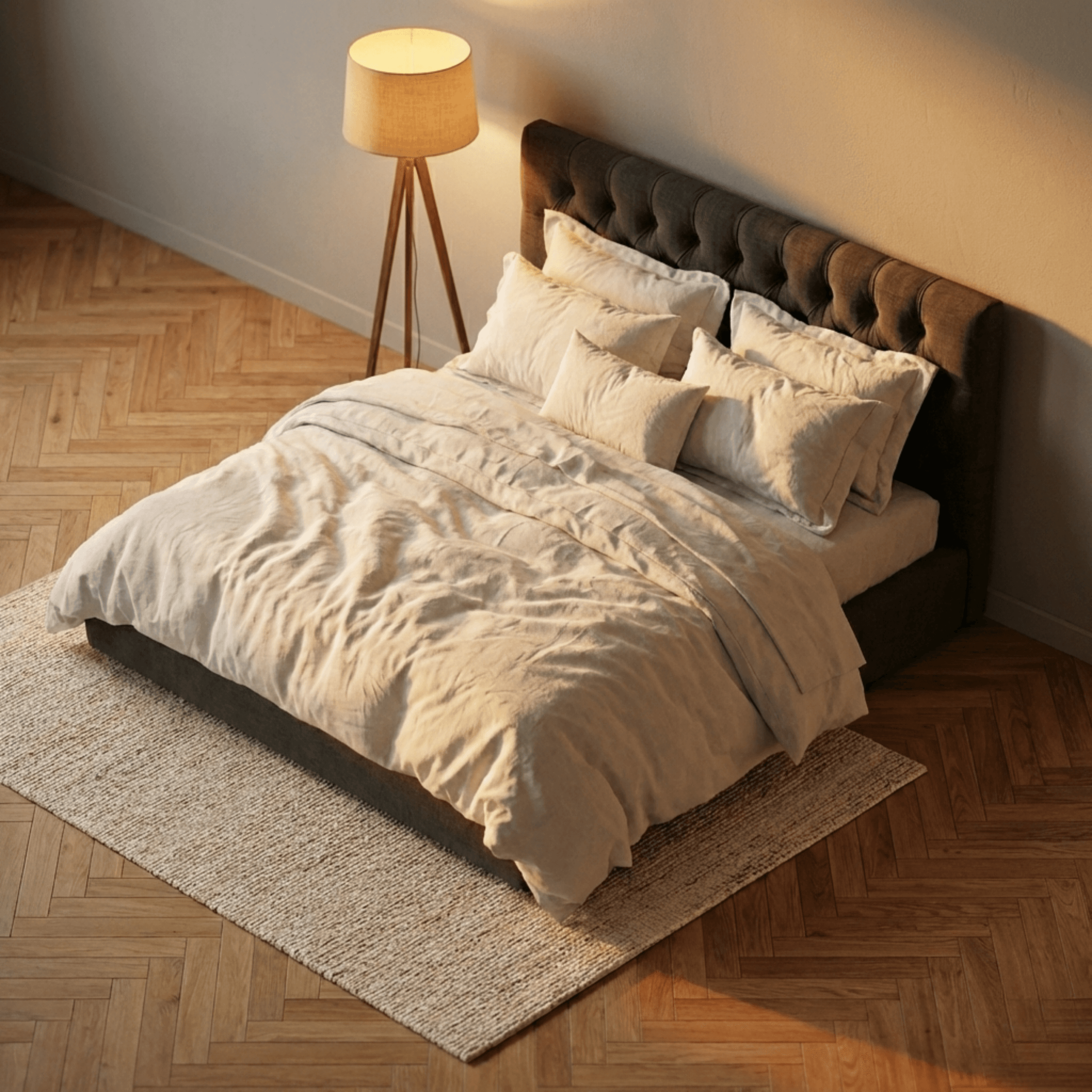 Cozy bedroom with a double bed, soft linens, herringbone floor, and a standing lamp in warm lighting.
