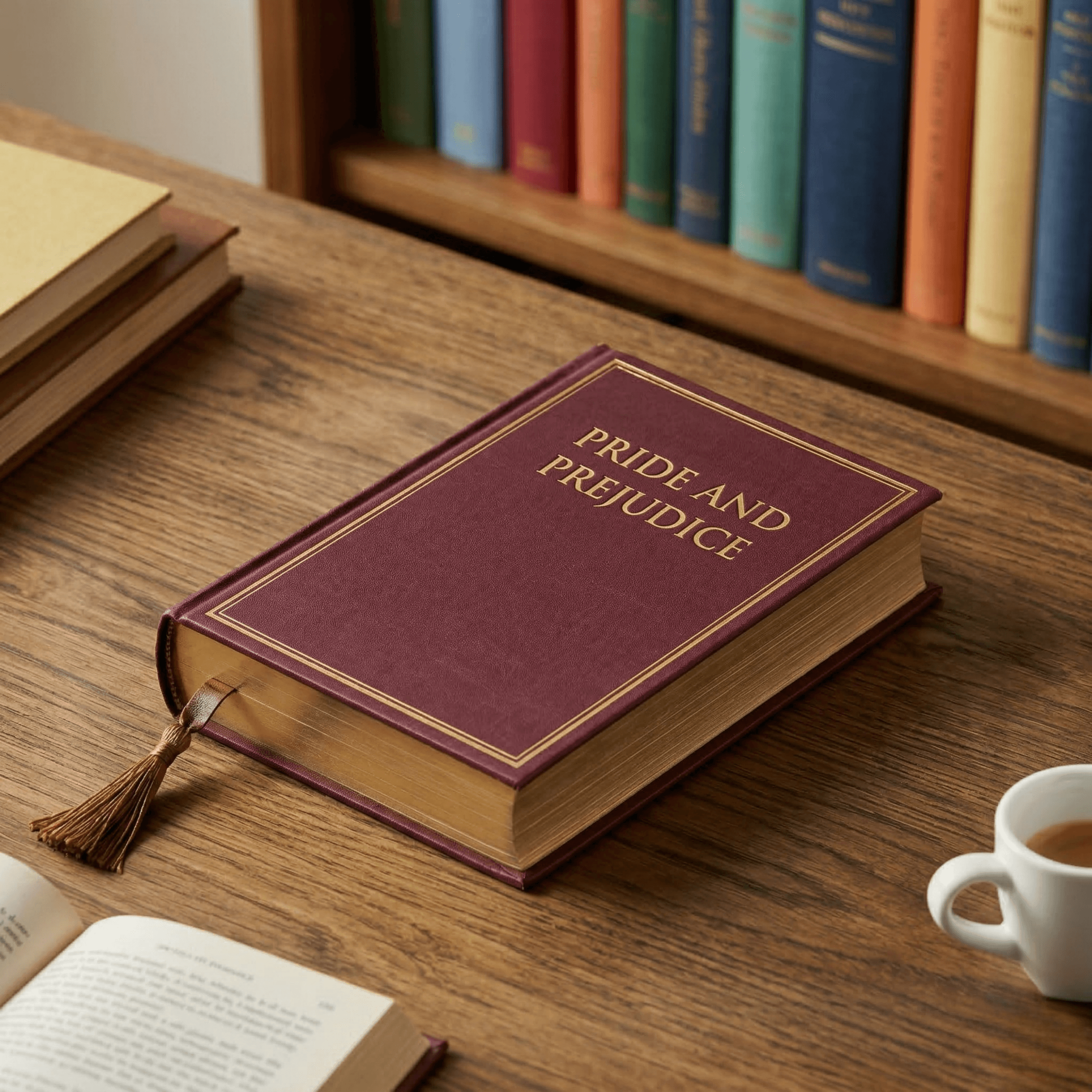 Pride and Prejudice hardcover book on wooden desk with coffee cup and bookshelf