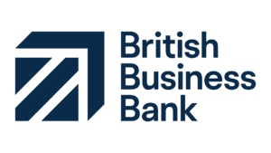 British Business Bank logo with blue geometric design.