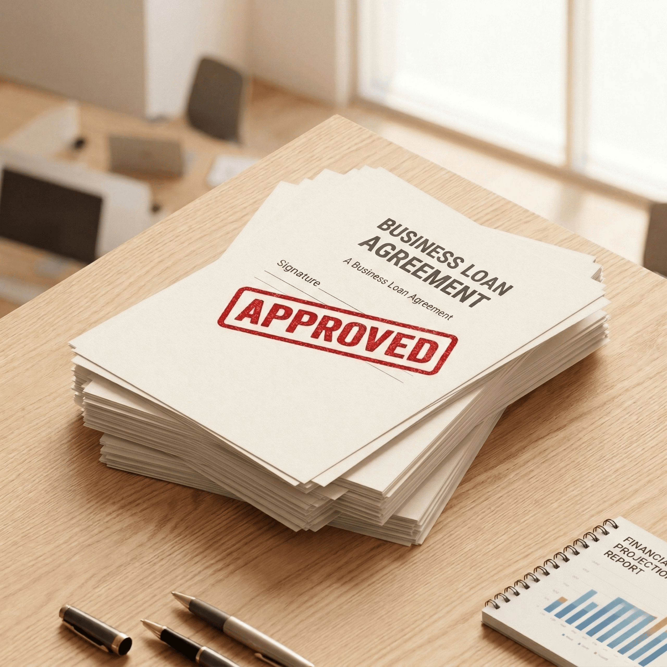 Stack of business loan agreement documents with red approved stamp on wooden office desk
