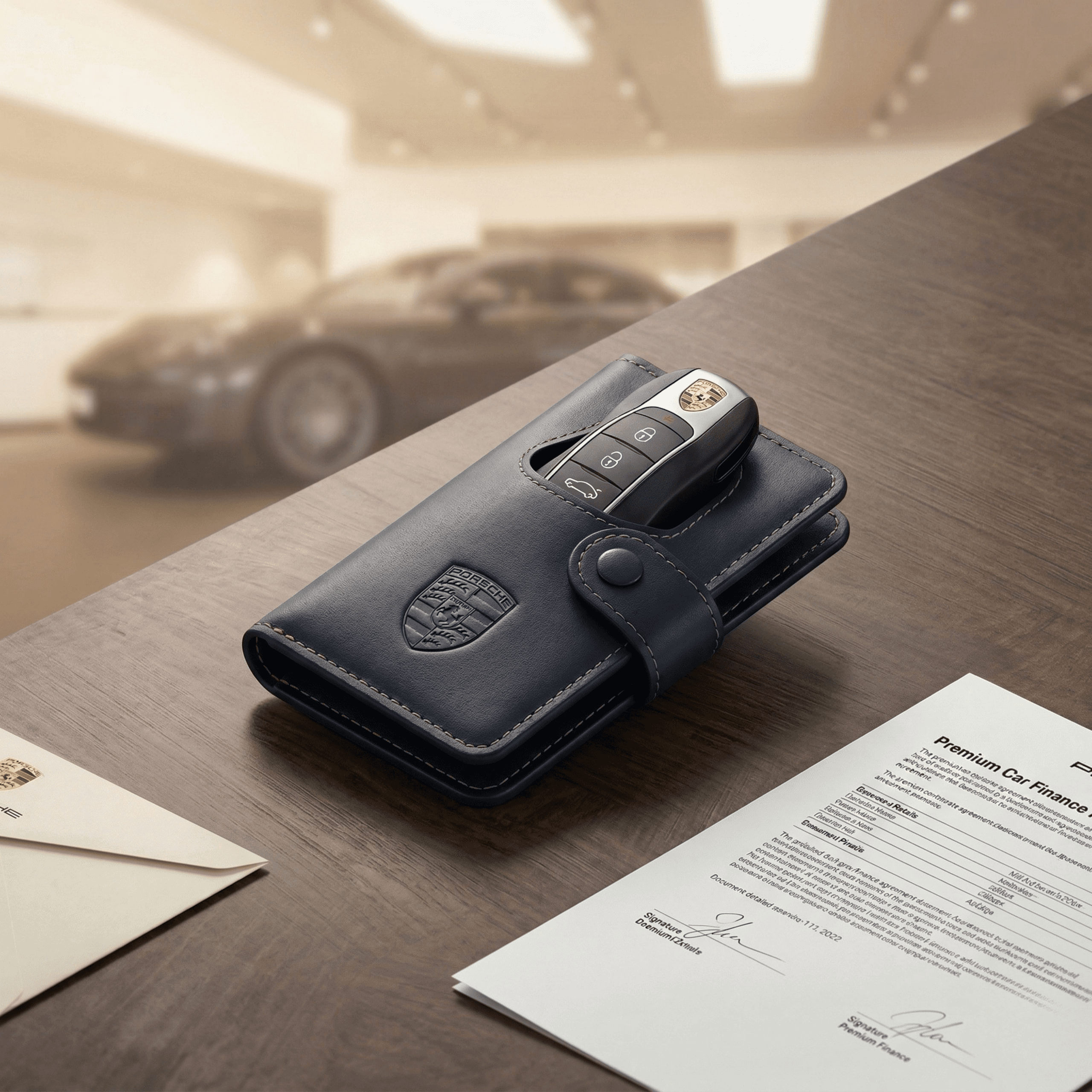 Car key in blue leather case with finance documents and vehicle in background on desk