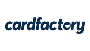 Card Factory logo in dark blue italic font