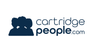 Cartridge People logo featuring three blue silhouettes and cartridge people.com text