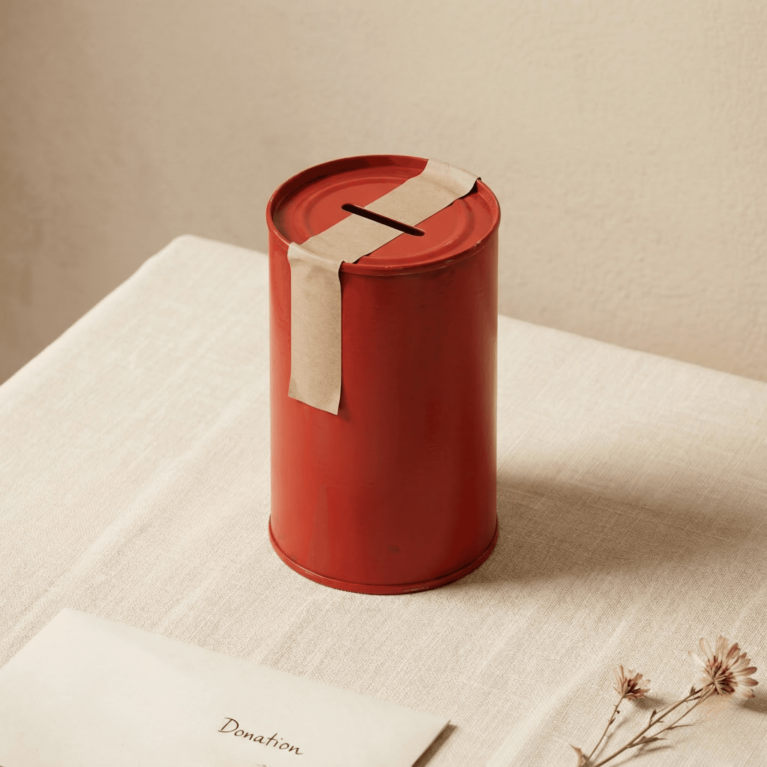 Red charity donation box with fabric label and collection slot on white surface