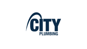 City Plumbing logo featuring dark blue curved pipe design