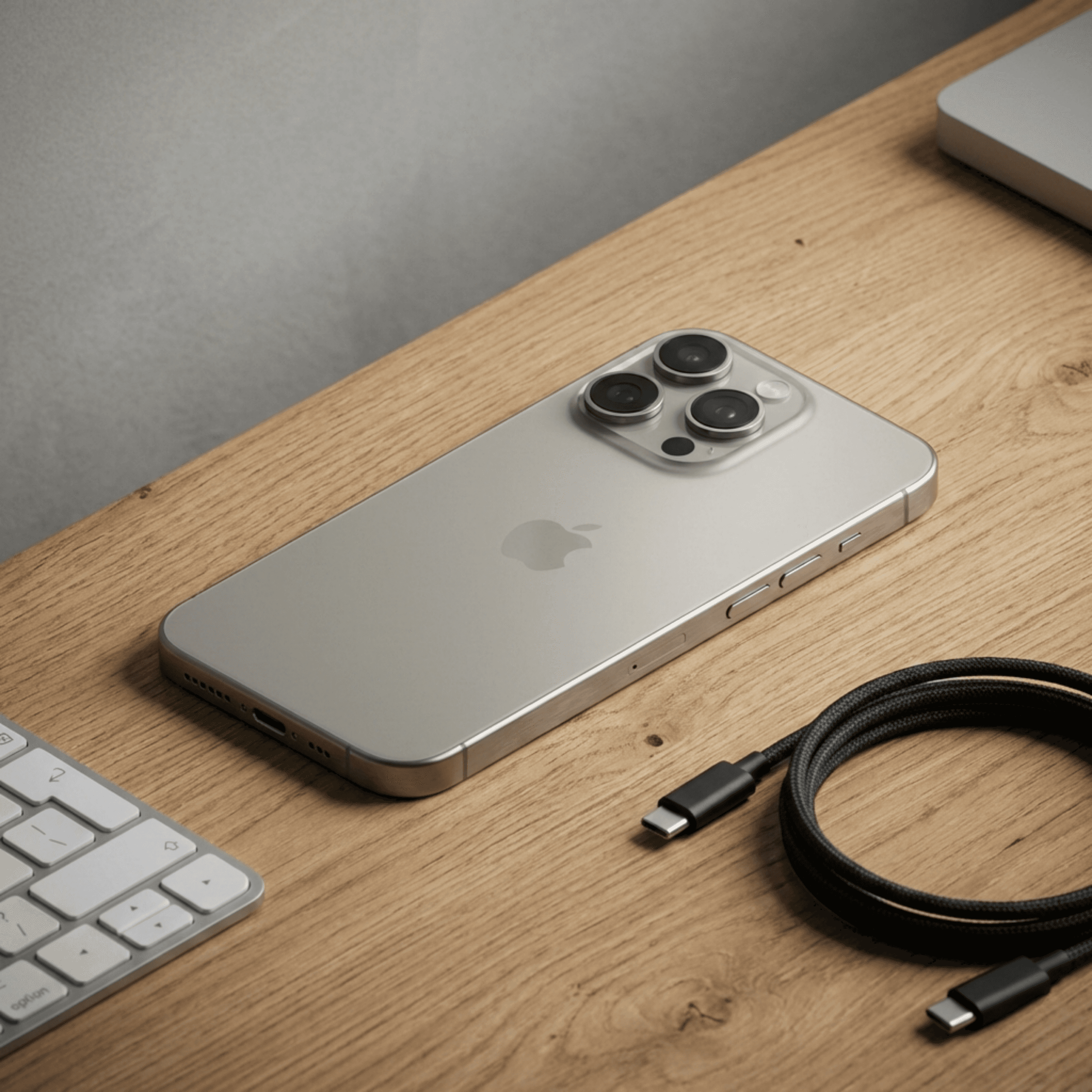 iPhone on wooden desk with charging cable nearby, web marketer's workspace
