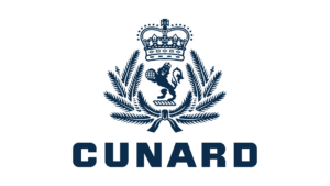 Cunard logo featuring a crowned lion and laurel wreath, representing luxury cruise branding on a marketing agency page.