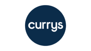 Currys logo with white lettering on dark blue circle