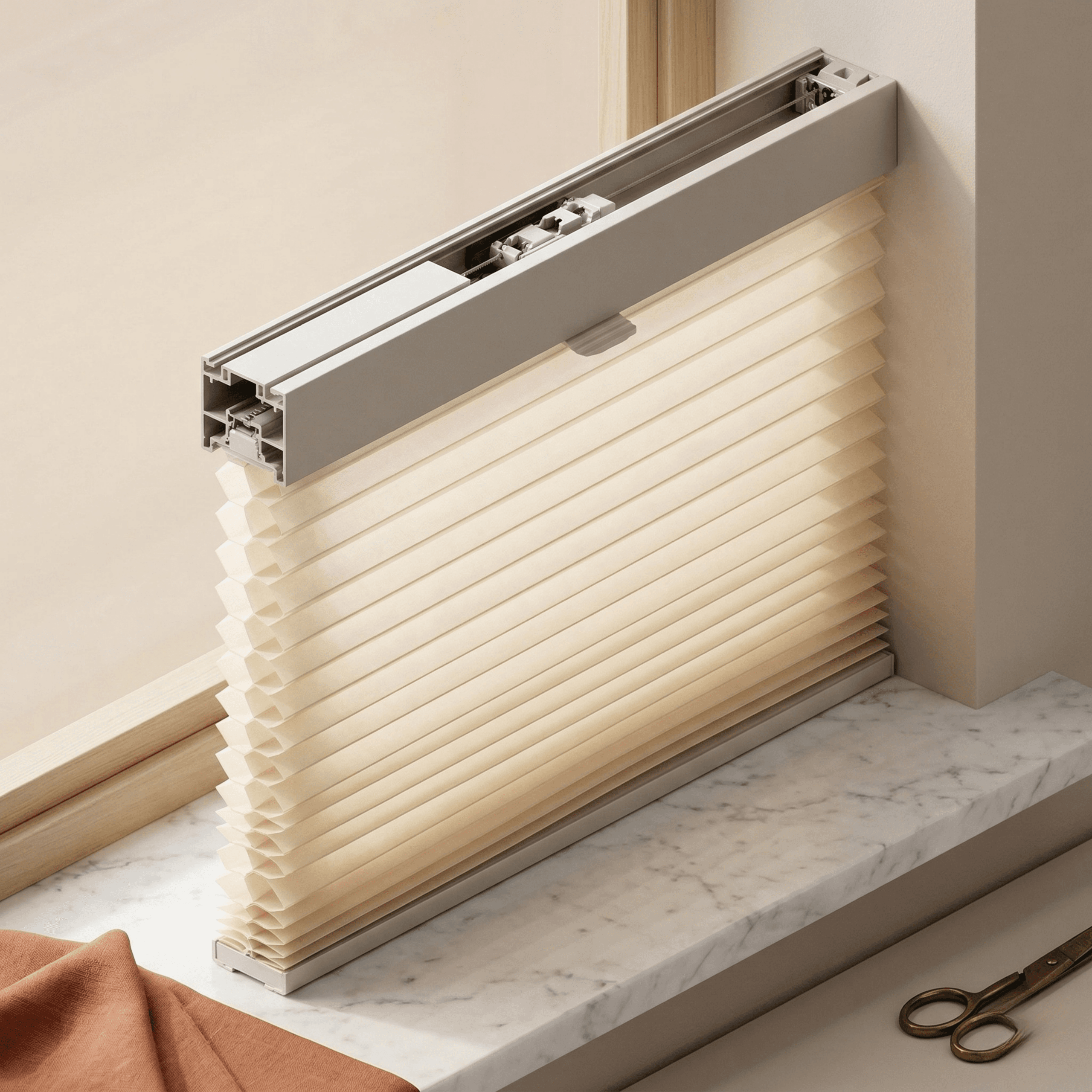 Cellular honeycomb window blinds in cream with metal tracking hardware