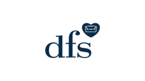 DFS logo featuring dark navy text and heart-shaped sofa icon