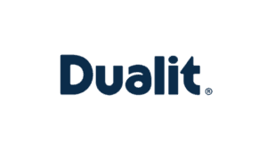 Dualit logo in dark blue text on a transparent background