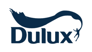 Dulux logo featuring navy wordmark and curved paintbrush design