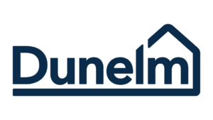 Dunelm home and interiors logo with dark blue text and house roof symbol