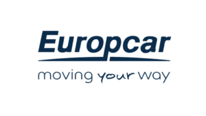 Europcar logo with slogan "moving your way" in blue text on a white background.