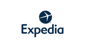 Expedia logo featuring circular blue icon with white airplane symbol