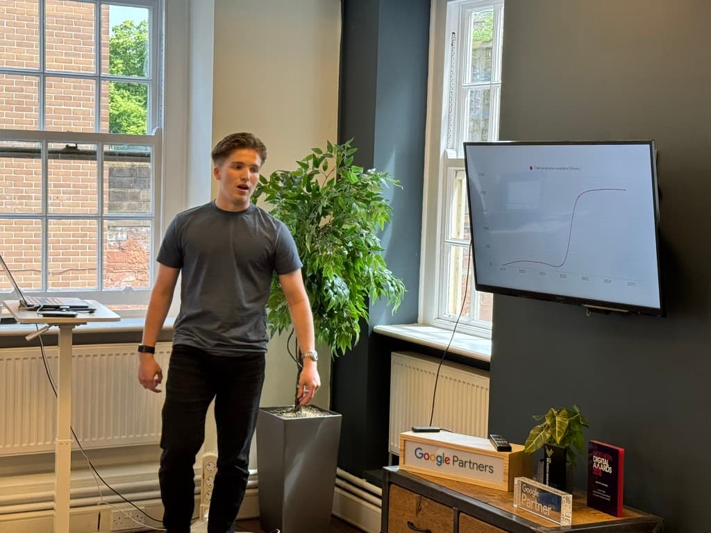 Person giving a presentation in an office with a graph on a screen, showcasing digital marketing strategy.