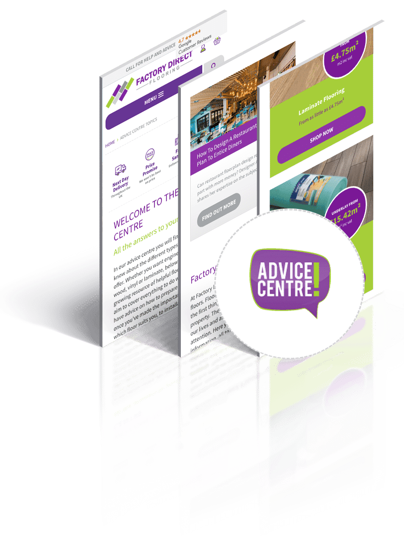 Digital marketing advice center resources displayed in vibrant pamphlets with contact information and flooring offers.
