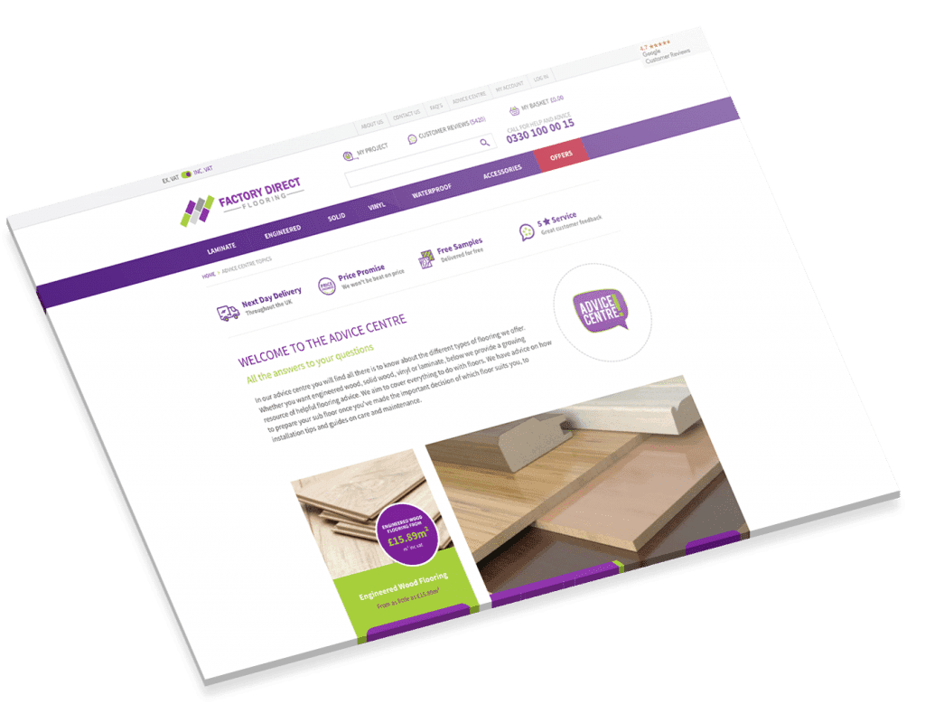 Factory Direct Flooring website home page showing products and services.