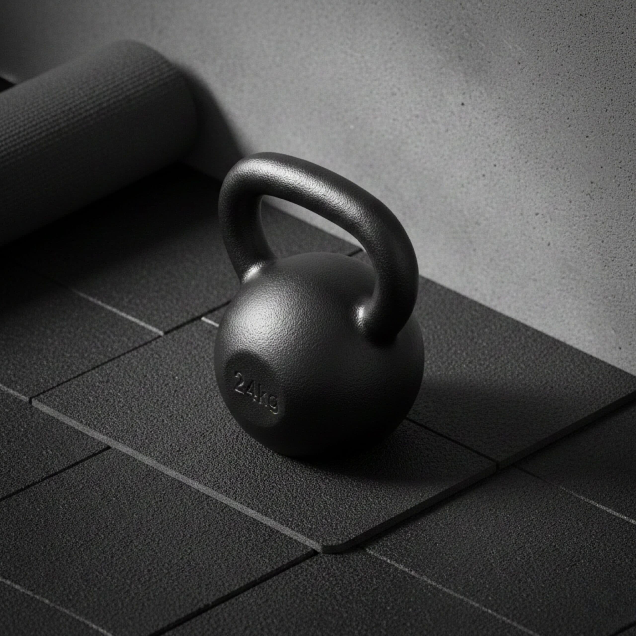 Black 24kg kettlebell on textured gym mat, ideal for strength training.