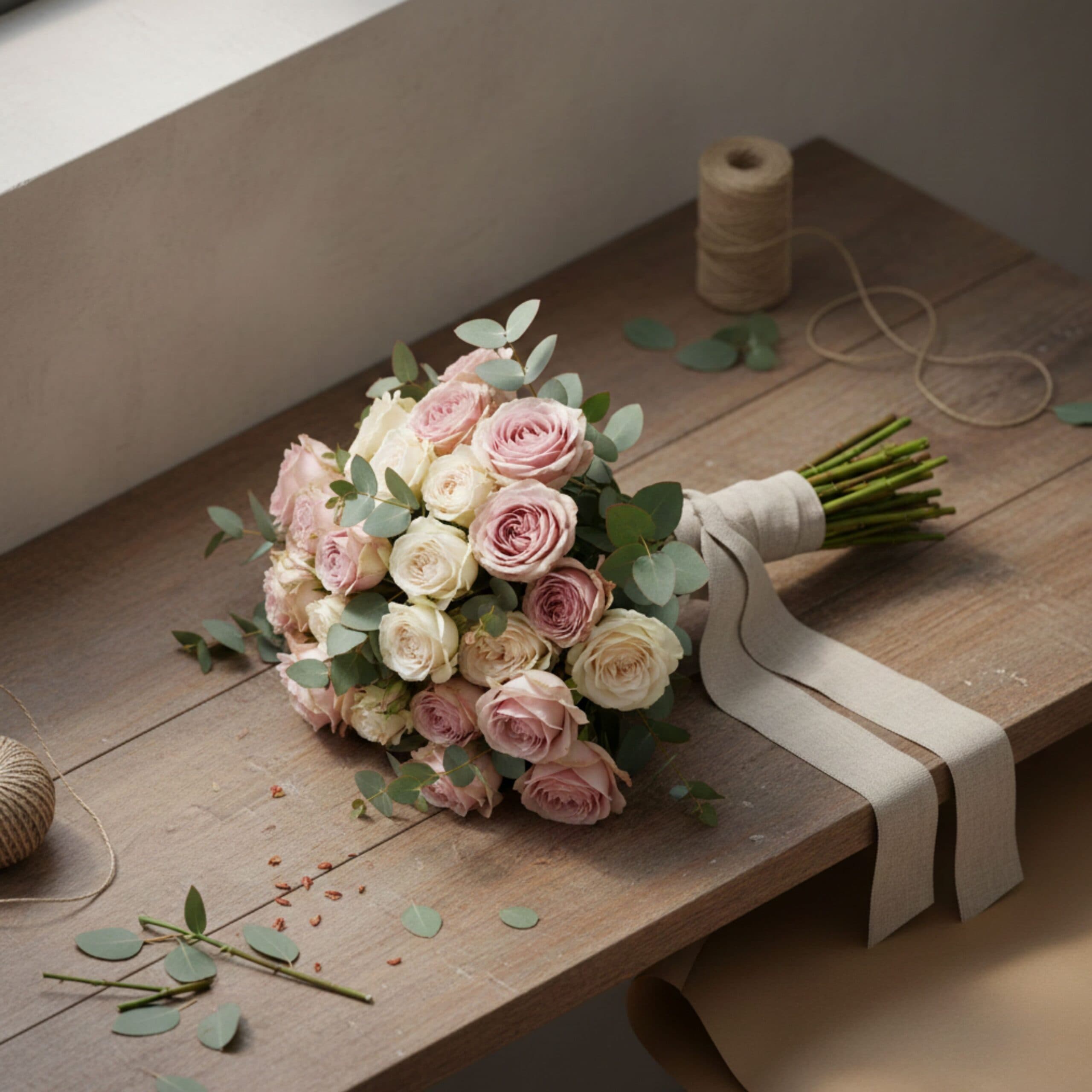Rustic bouquet of pink and white roses with eucalyptus on a wooden table, perfect for marketing agency creative content.
