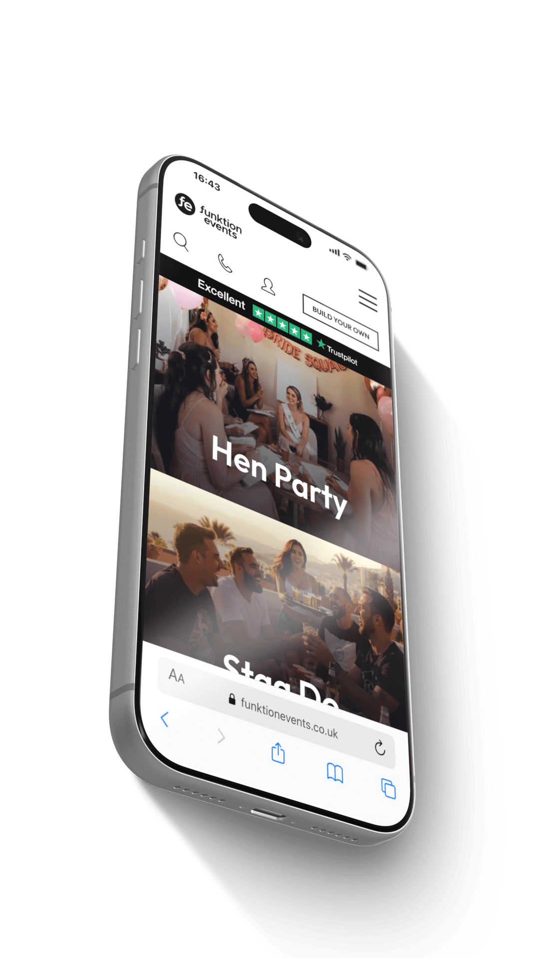 iPhone displaying Funktionen events website with hen and stag party options