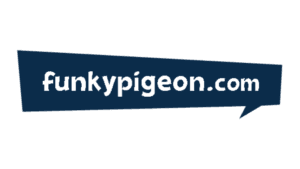 Funky Pigeon brand logo in dark blue speech bubble with white text