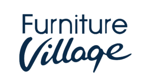 Furniture Village logo in dark blue and white with script lettering