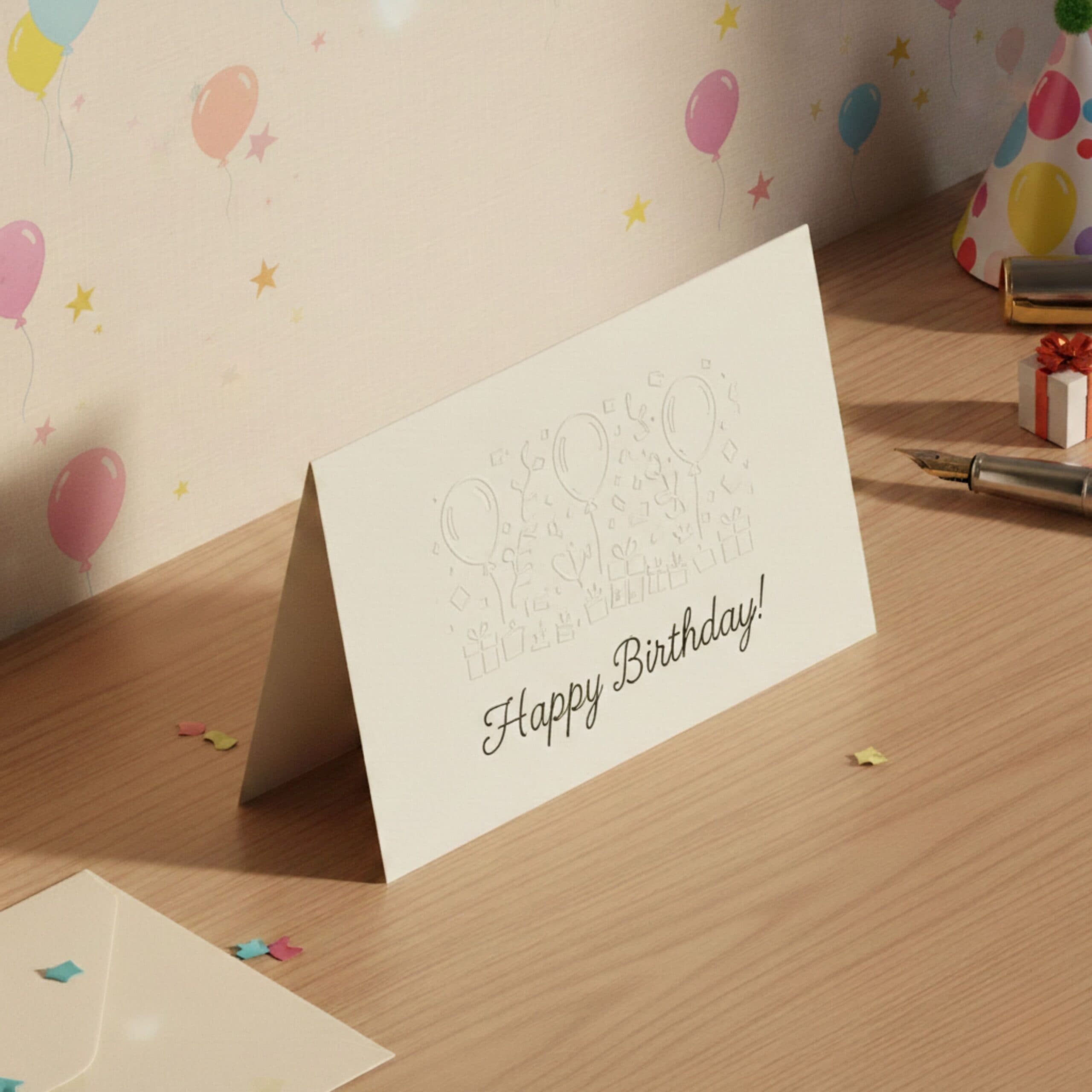 Birthday card on wooden desk with "Happy Birthday!" text, surrounded by festive balloons and decorations.