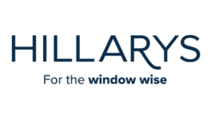 Hillarys logo with slogan "For the window wise" in dark blue text, related to window treatments and blinds marketing.