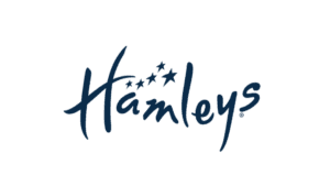 Hamleys logo with navy script text and decorative stars