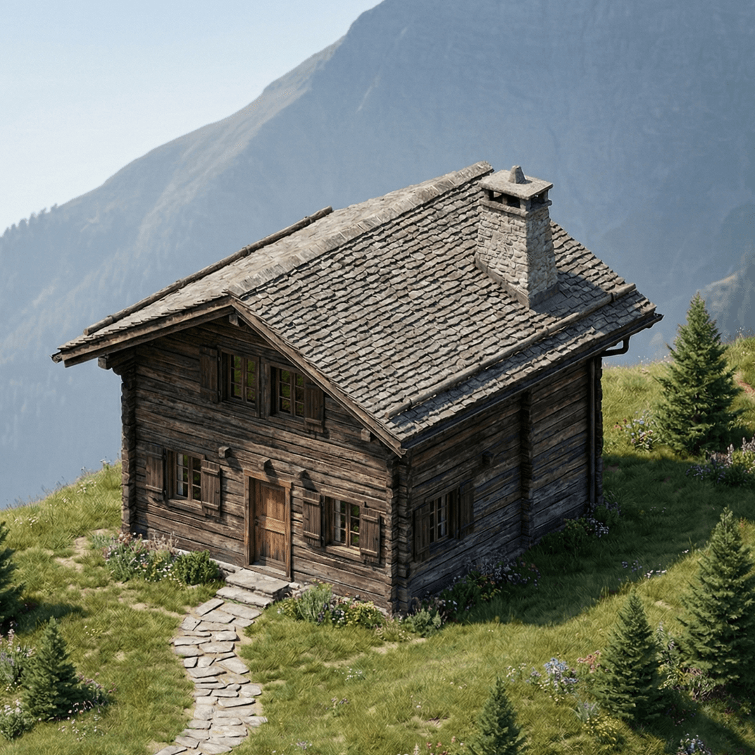 Rustic wooden cabin in a mountainous landscape, surrounded by wildflowers and pine trees.