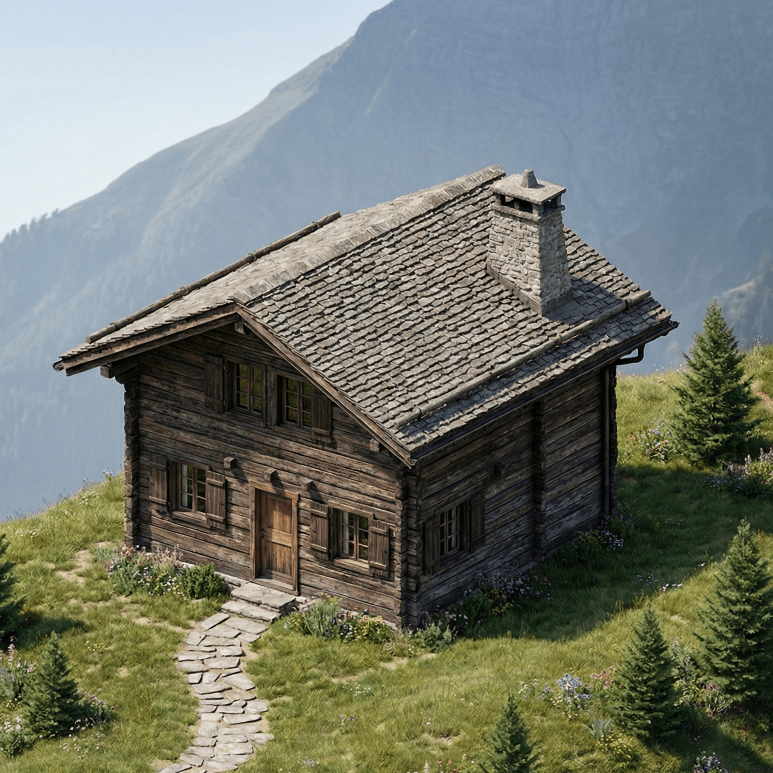 Rustic wooden cabin in a mountainous landscape, surrounded by wildflowers and pine trees.