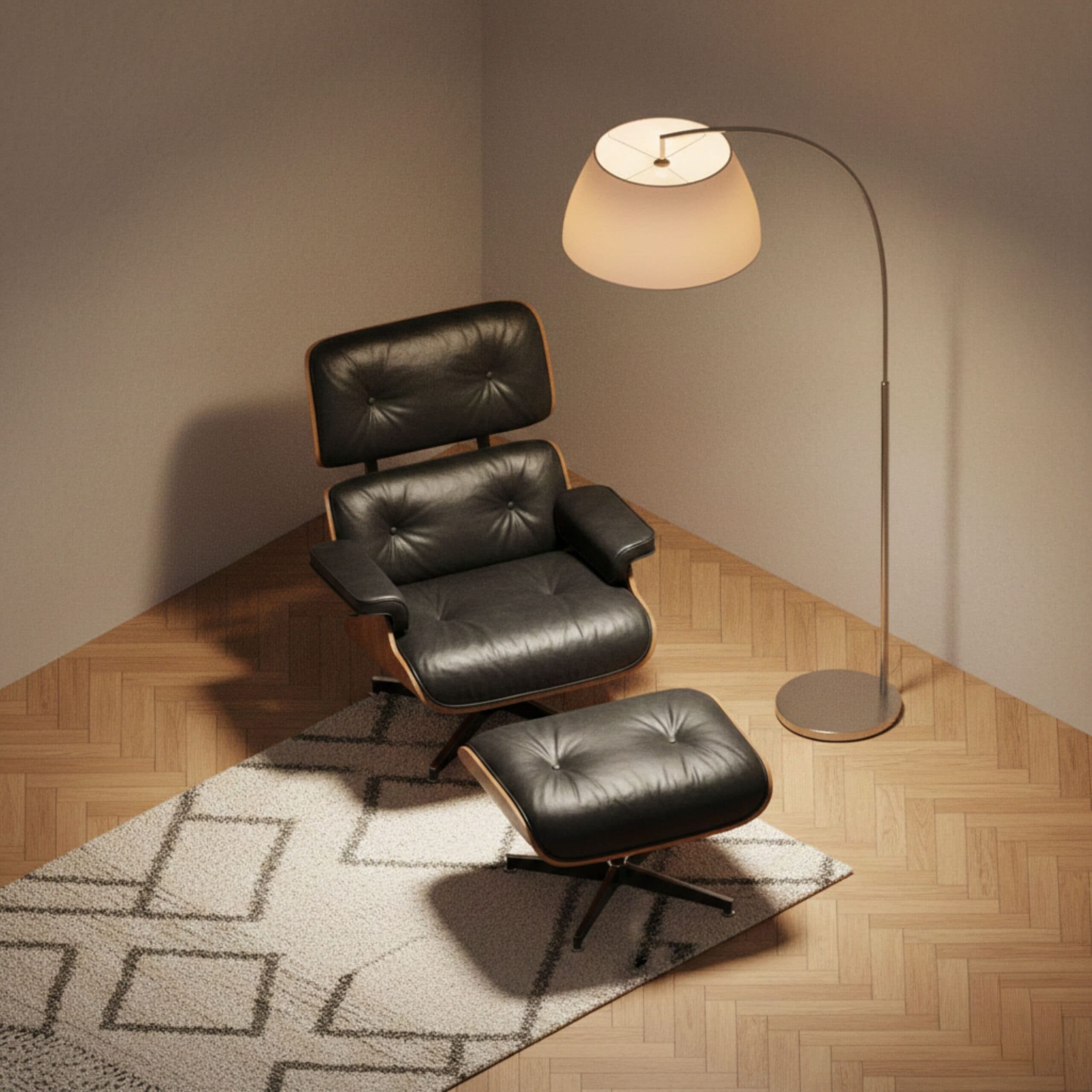 Modern lounge chair with ottoman and floor lamp on patterned rug