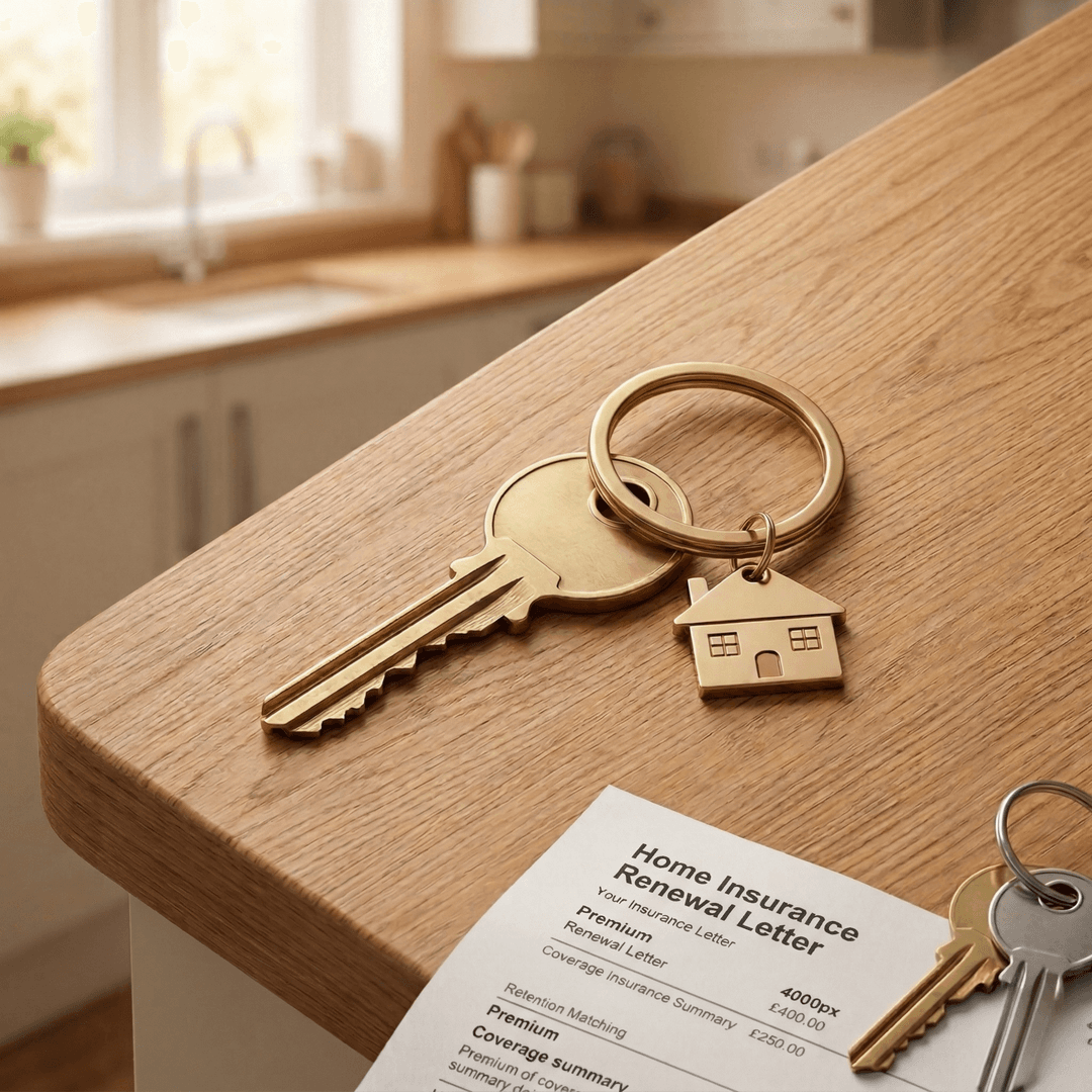 House key and home insurance renewal letter on wooden countertop
