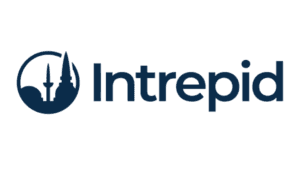 Intrepid logo featuring a stylized circular graphic with bold typography.
