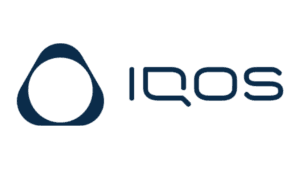 IQOS logo with navy circular symbol and text wordmark