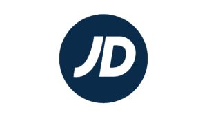 JD logo with white letters on navy blue circular background