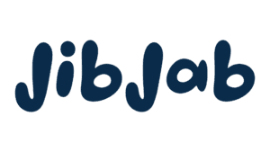 JibJab logo in dark blue with rounded, playful letterforms