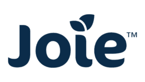 Joie logo with leaf design element in blue.