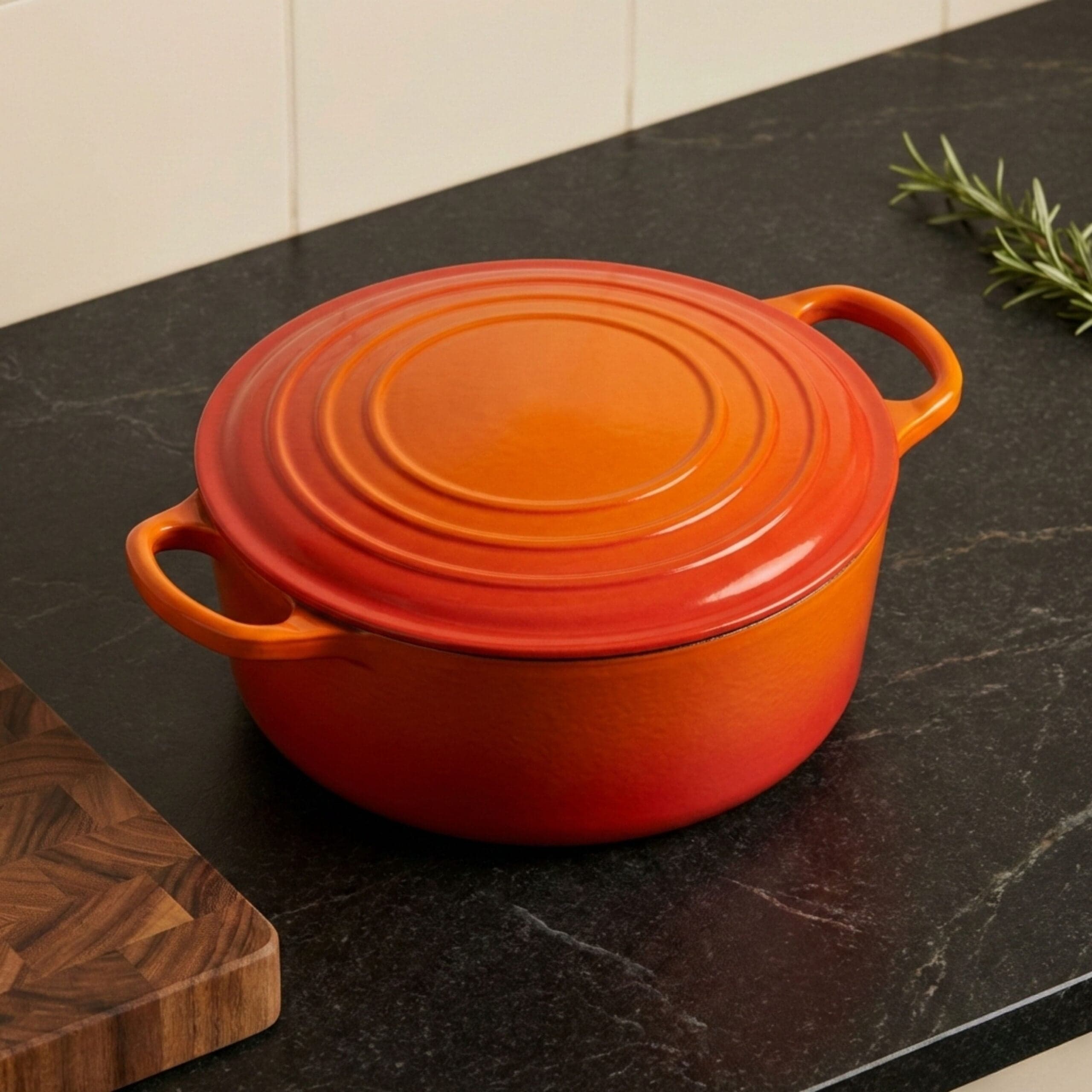 Orange enamel Dutch oven on black granite kitchen counter.