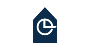 Last-Minute logo with lowercase e in dark navy house shape