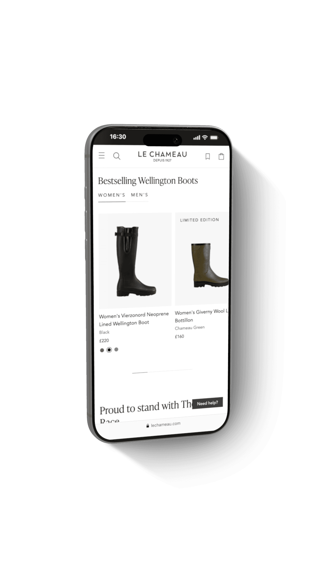 Mobile display of Le Chameau bestselling Wellington boots collection with prices.